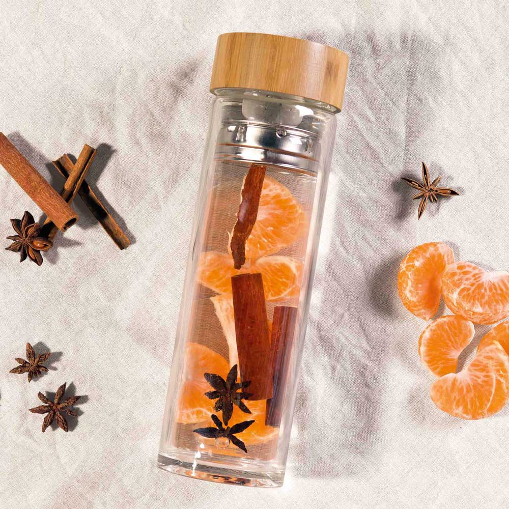 personalised Christmas gift glass tea and fruit infuser bottle